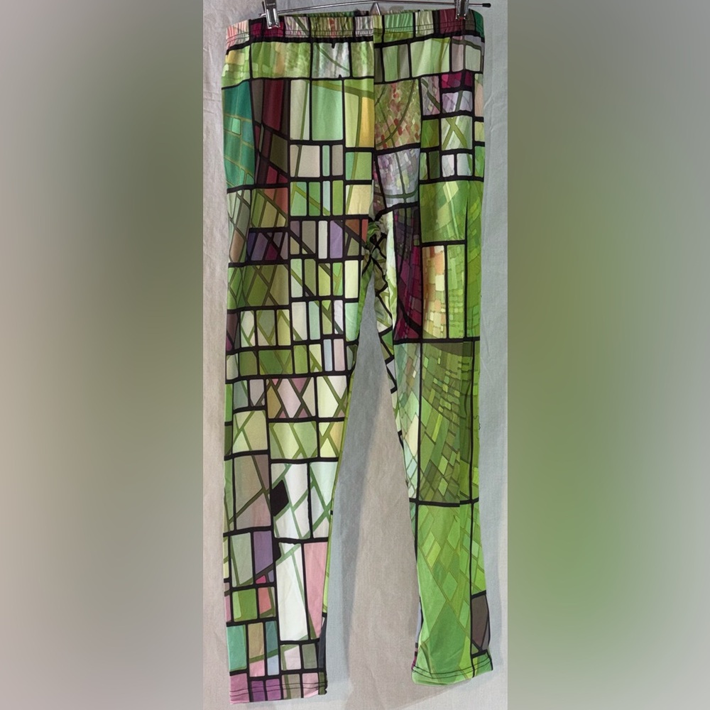 Bright Green Geometric Patterned Spandex Leggings with straight legs
